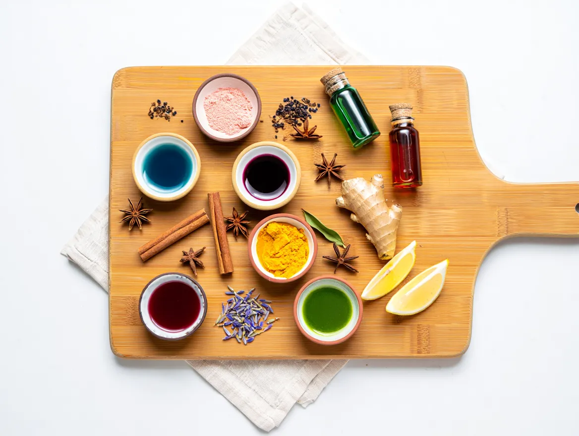 Assortment of colourful superfoods and plant extracts arranged on a wooden surface